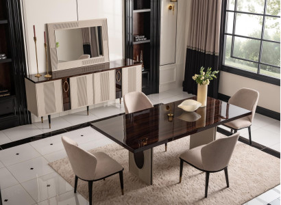 Luxury Dining room Dining set Dining corner Dining table Chairs Beige Set 9pcs Wood